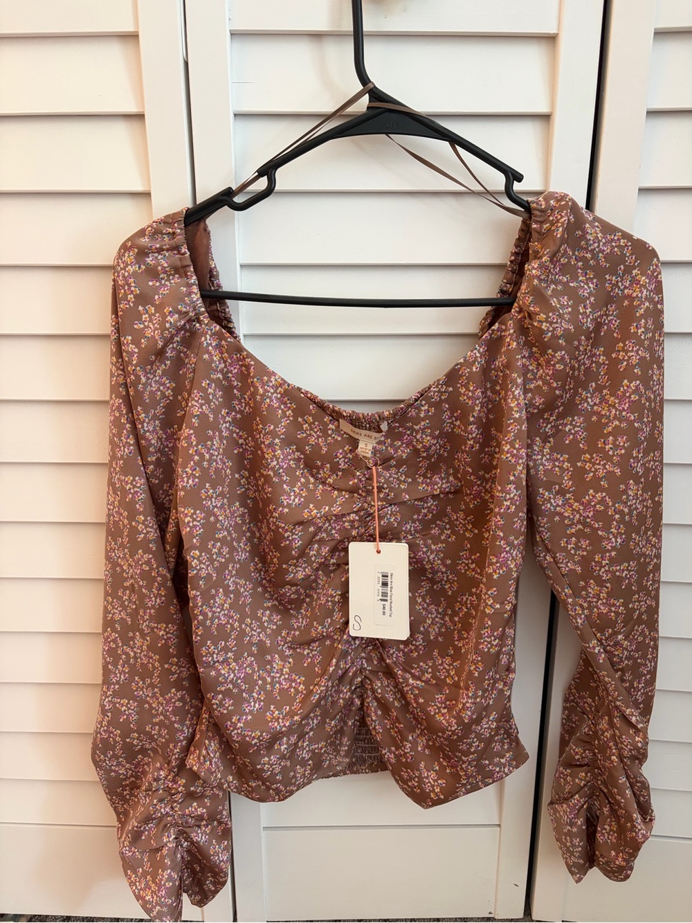 Skies Are Blue Brown Floral Ruched Long Sleeve Blouse